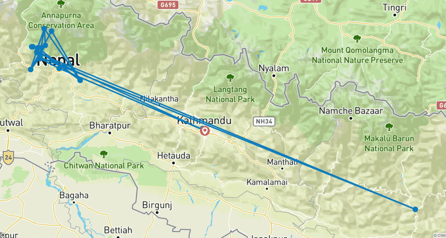 Mapa do percurso de Trekking Solo ao Acampamento Base Annapurna