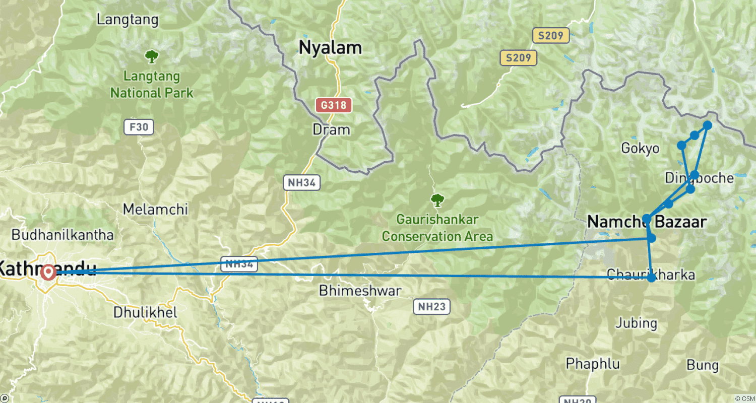 Mapa trasy: Trekking na Everest z noclegiem w Bazie pod Everestem - 15 dni