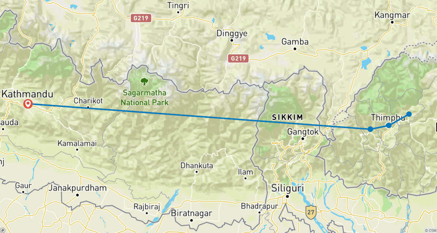 Bhutan Tour 4 Nights/5 Daysのルートマップ