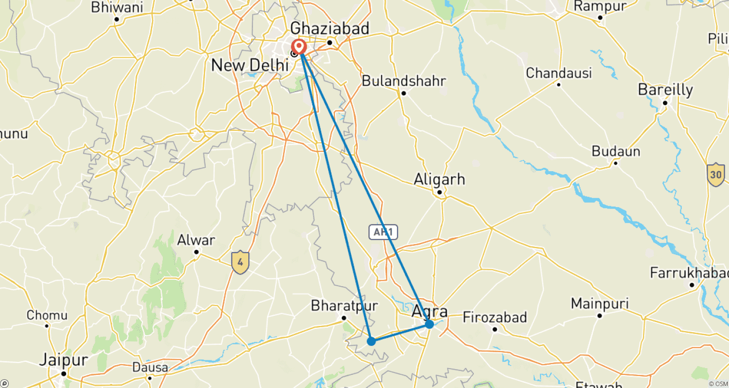Mapa do percurso de Excursão Noturna de 2 Dias em Agra com Hotéis 5 Estrelas