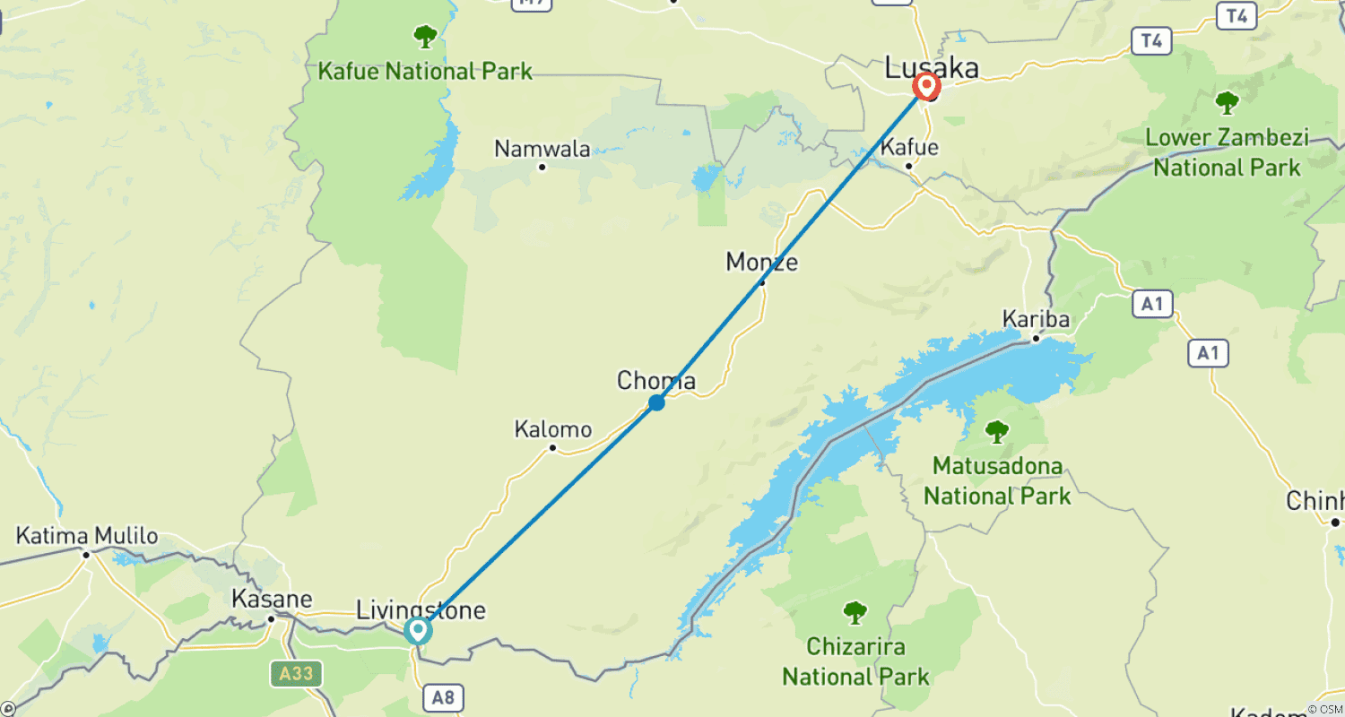 リビングストンからルサカへ 2日間ゆったり陸路の冒険旅行のルートマップ