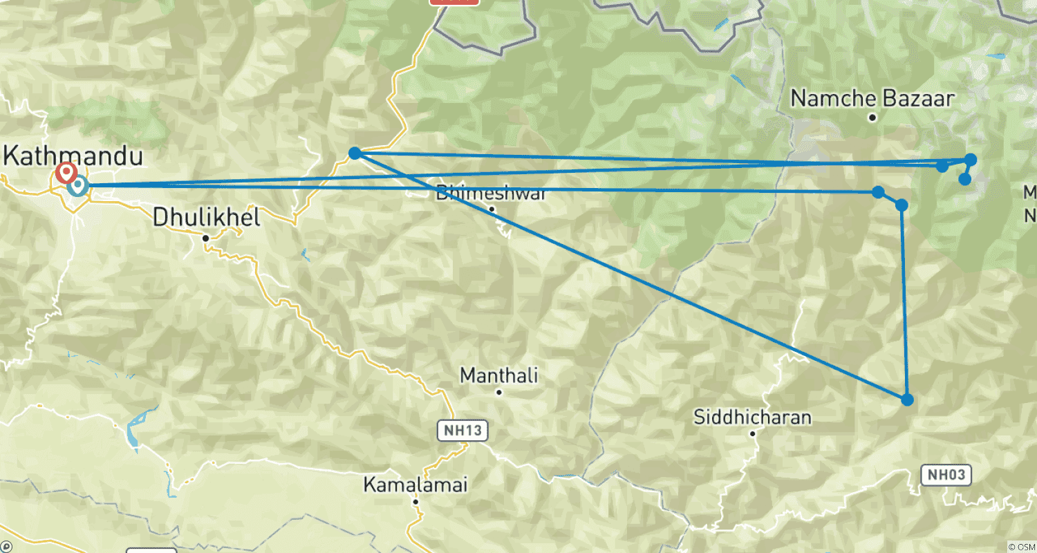 Mapa do percurso de Cume do Mera Peak com Retorno de Helicóptero em 10 Dias