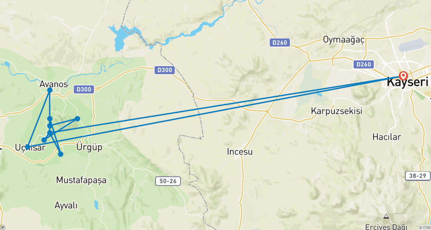 Mapa do percurso de Escapada Encantadora à Capadócia – 3 Dias de Experiência em Hotel Caverna e Balão Opcional