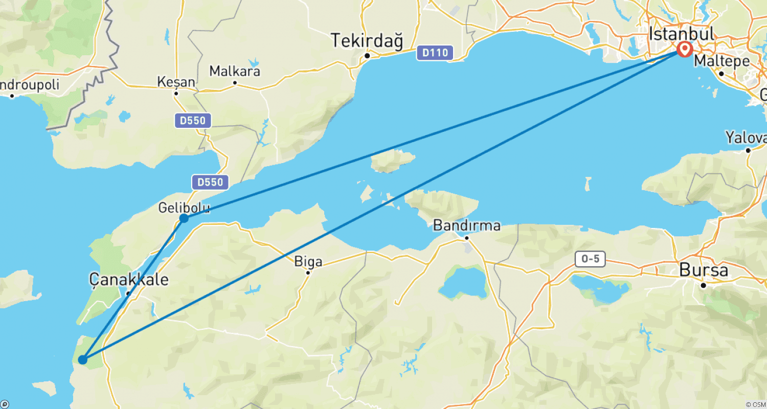 Mapa do percurso de Excursão de 2 Dias a Galípoli e Troia saindo de Istambul