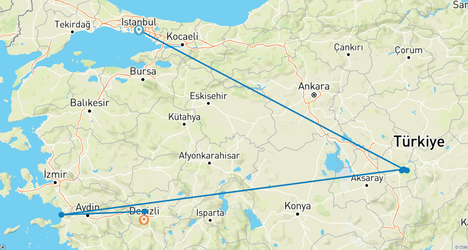 Mapa do percurso de Encruzilhada Anatólia com 3 voos