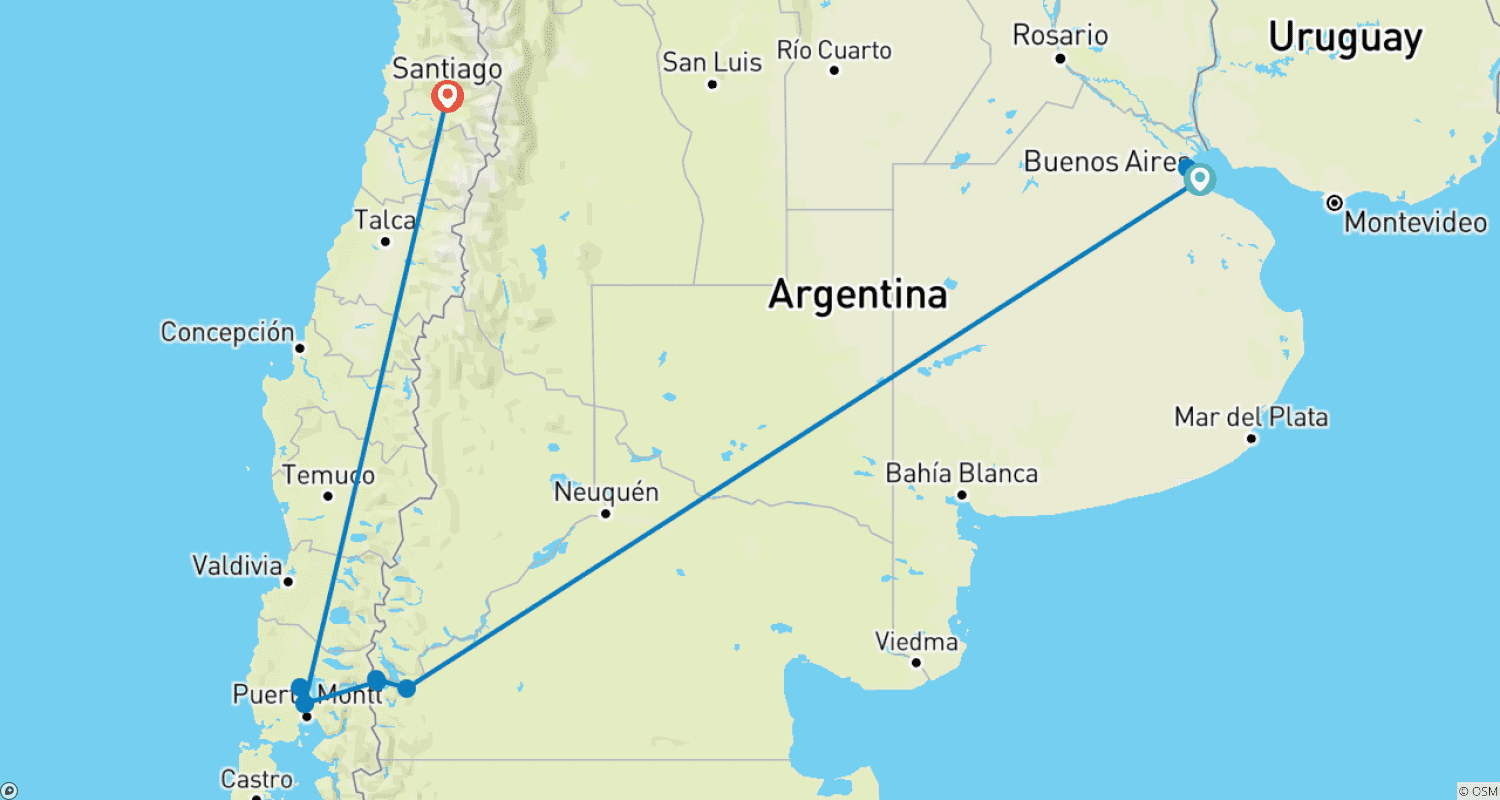 Mapa do percurso de 12 Dias em Buenos Aires, Patagônia e Santiago do Chile