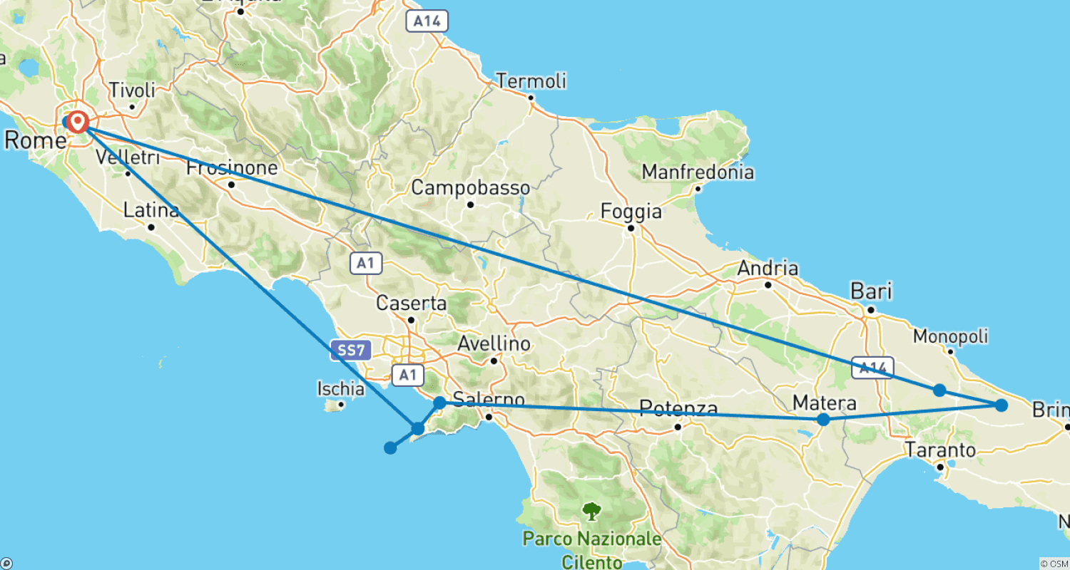 Mapa do percurso de Estradas Rurais da Puglia e da Riviera Napolitana (Pequenos Grupos, 9 Dias)