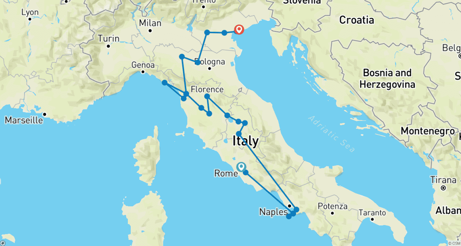 イタリアの田舎道 (少人数グループ)のルートマップ