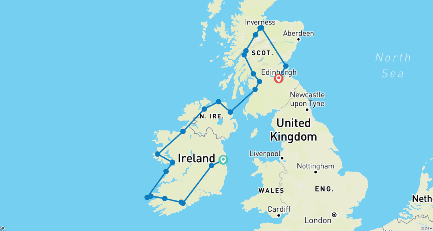 Mapa do percurso de O Melhor da Irlanda e Escócia (Pequenos Grupos) (24 destinos)