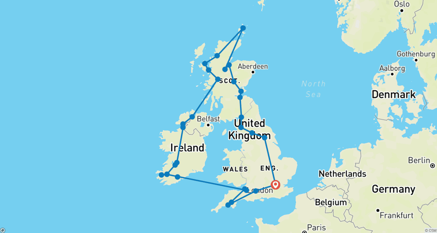 Mapa do percurso de Descoberta da Grã-Bretanha e Irlanda (Clássico, Prévia 2022, 22 Dias)