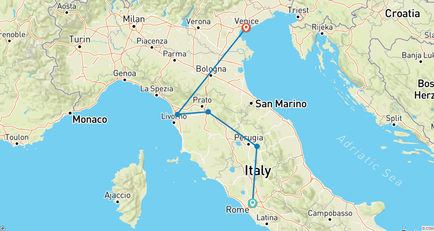Mapa do percurso de Itália em Ritmo Leve (Pequenos Grupos, Inverno)