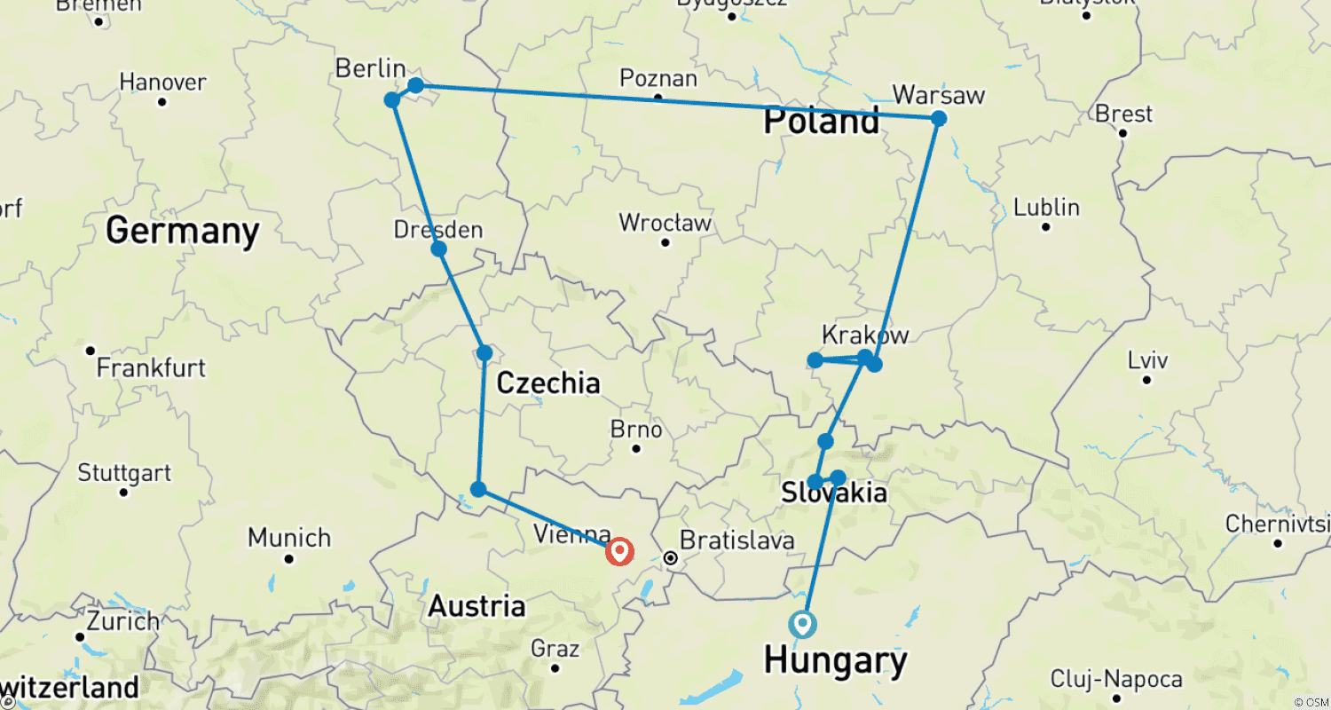 Mapa do percurso de Destaques da Europa Oriental (Pequenos Grupos, Término em Viena)