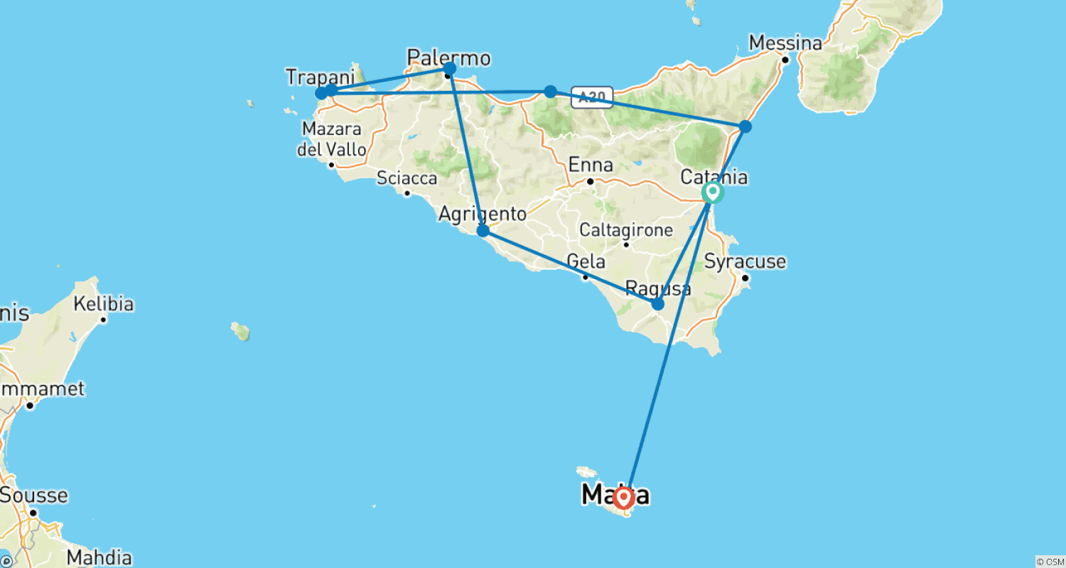 Mapa do percurso de Sicília em Profundidade (Pequenos Grupos, Término em Malta, 4 Dias, 11 Dias)