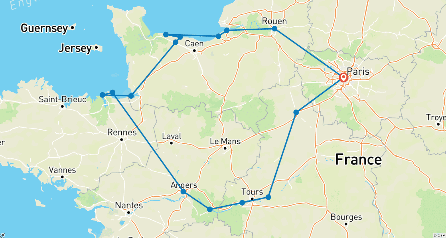 Mapa do percurso de Normandia, Bretanha e Vale do Loire (Pequenos Grupos)