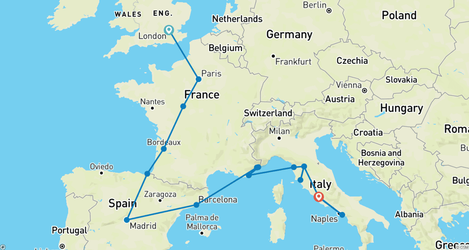 خريطة مسار Mediterranean Journey (Classic, Summer, Start London, 16 Days)