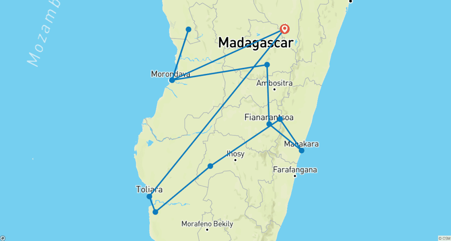 マダガスカル南部、4つの地域を巡る旅のルートマップ