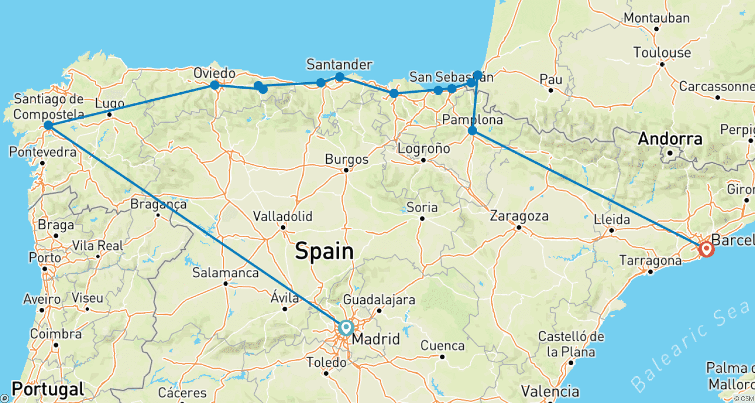 Mapa do percurso de Norte da Espanha (Pequenos Grupos, Término em Barcelona)
