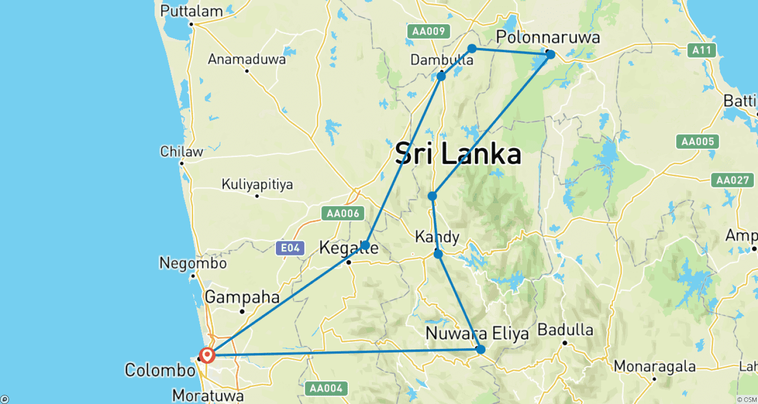 Sri Lanka 6 Days Itineraryのルートマップ