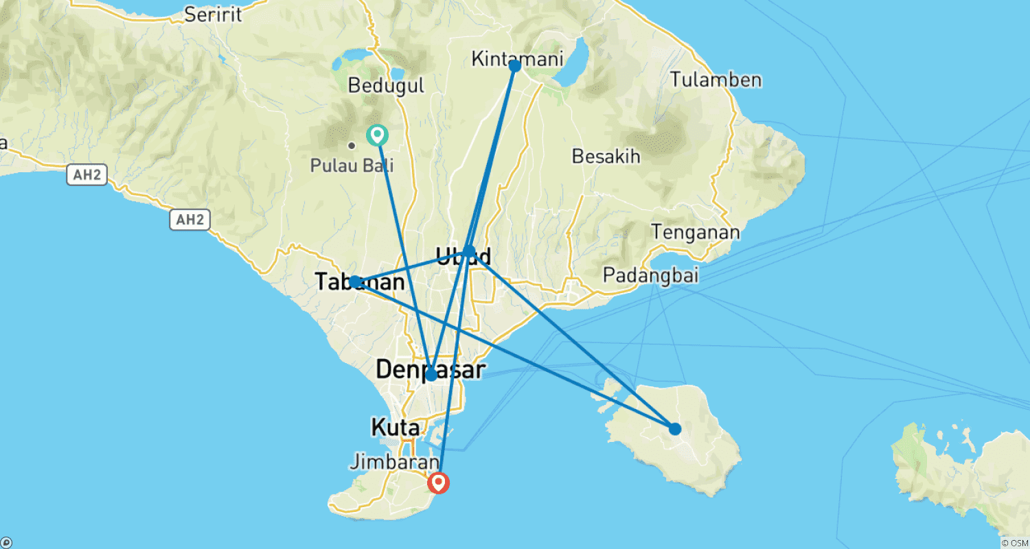 Mapa trasy: 8-dniowa wycieczka 'Najlepsze z Bali i Nusa Penida'