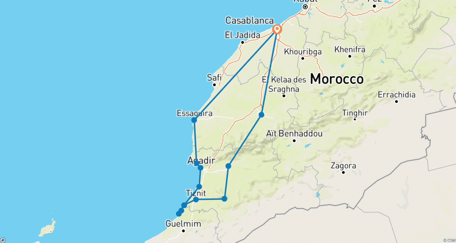 Mapa do percurso de A Costa do Sul de Marrocos: Tour de 7 Dias de/para Casablanca: Praias Atlânticas e Montanhas Atlas (Tour Privado)