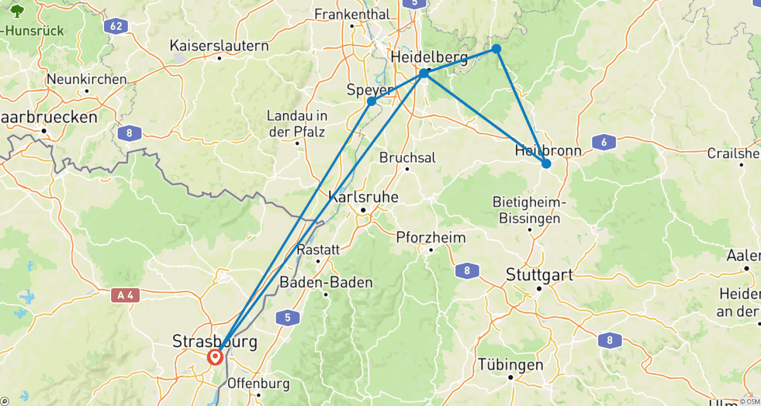 Mapa do percurso de Encantadores Mercados de Natal no Vale do Neckar
