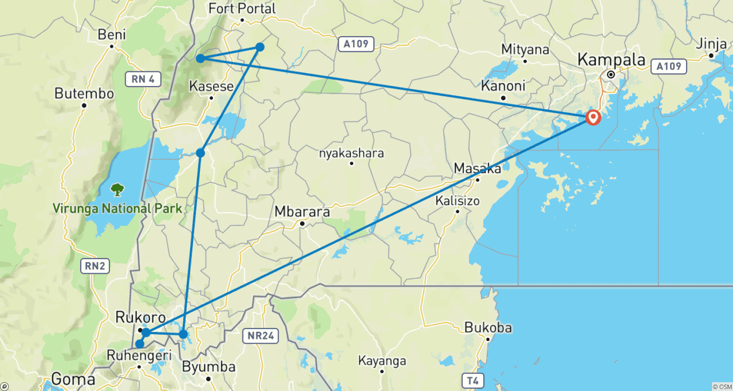 Mapa do percurso de Safari Especial de 7 Dias em Uganda