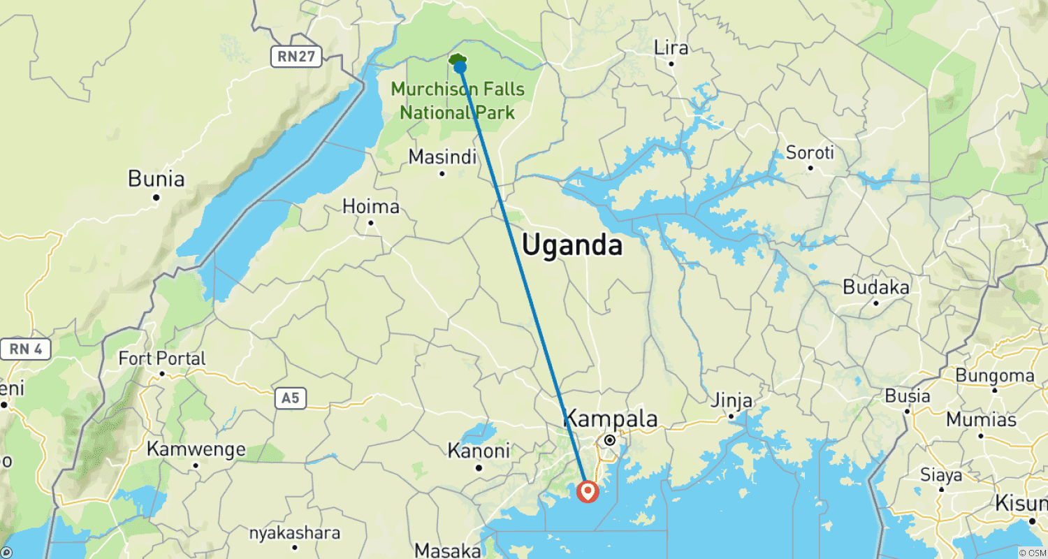 Mapa do percurso de Safari de Vida Selvagem de 3 dias em Murchison Falls