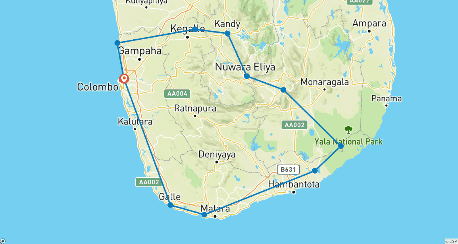 Mapa do percurso de Pacote Turístico de 7 Dias no Sri Lanka
