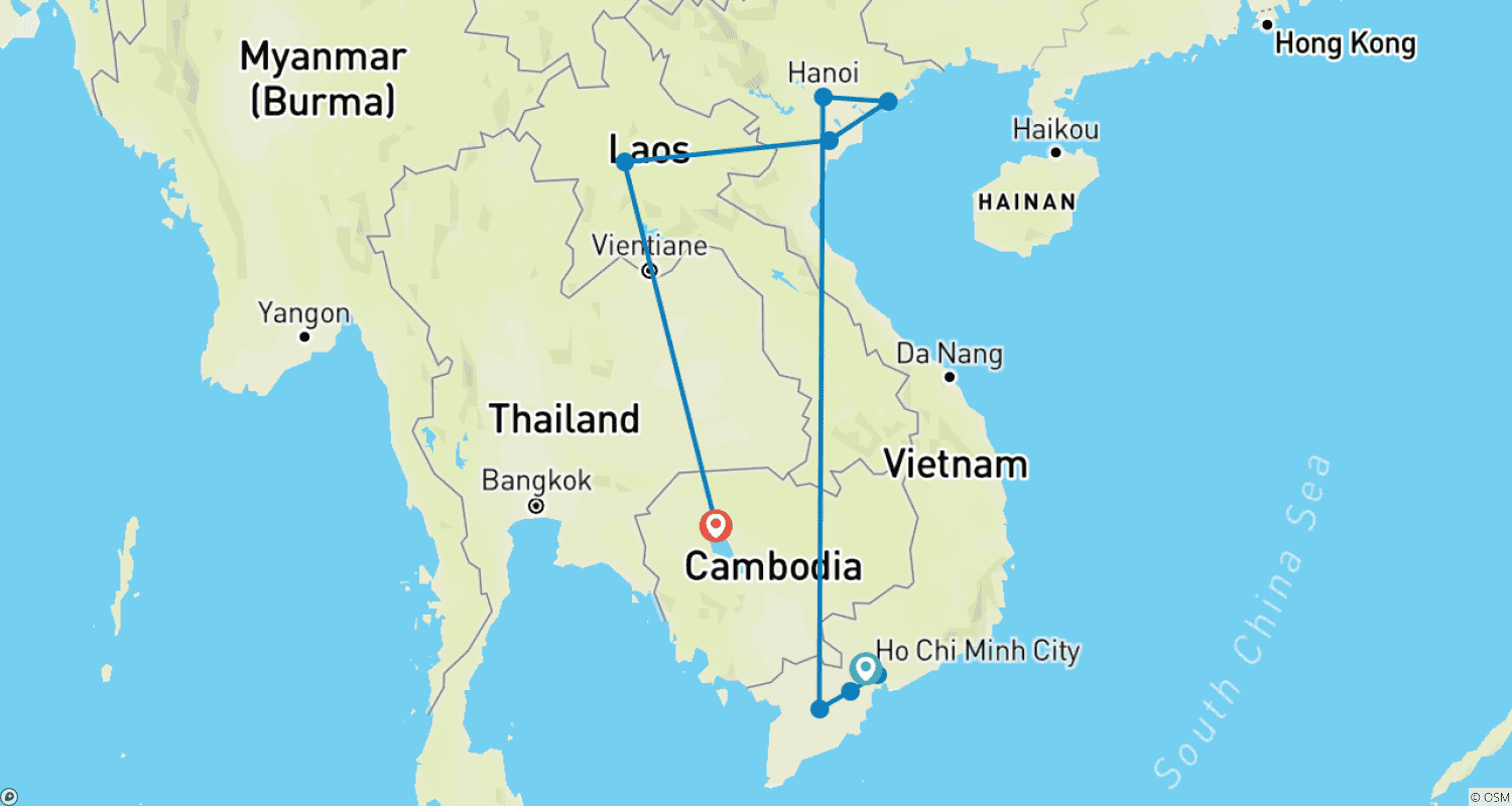 Mapa do percurso de Desvendando a Indochina: Uma Viagem por Vietnã, Laos e Camboja