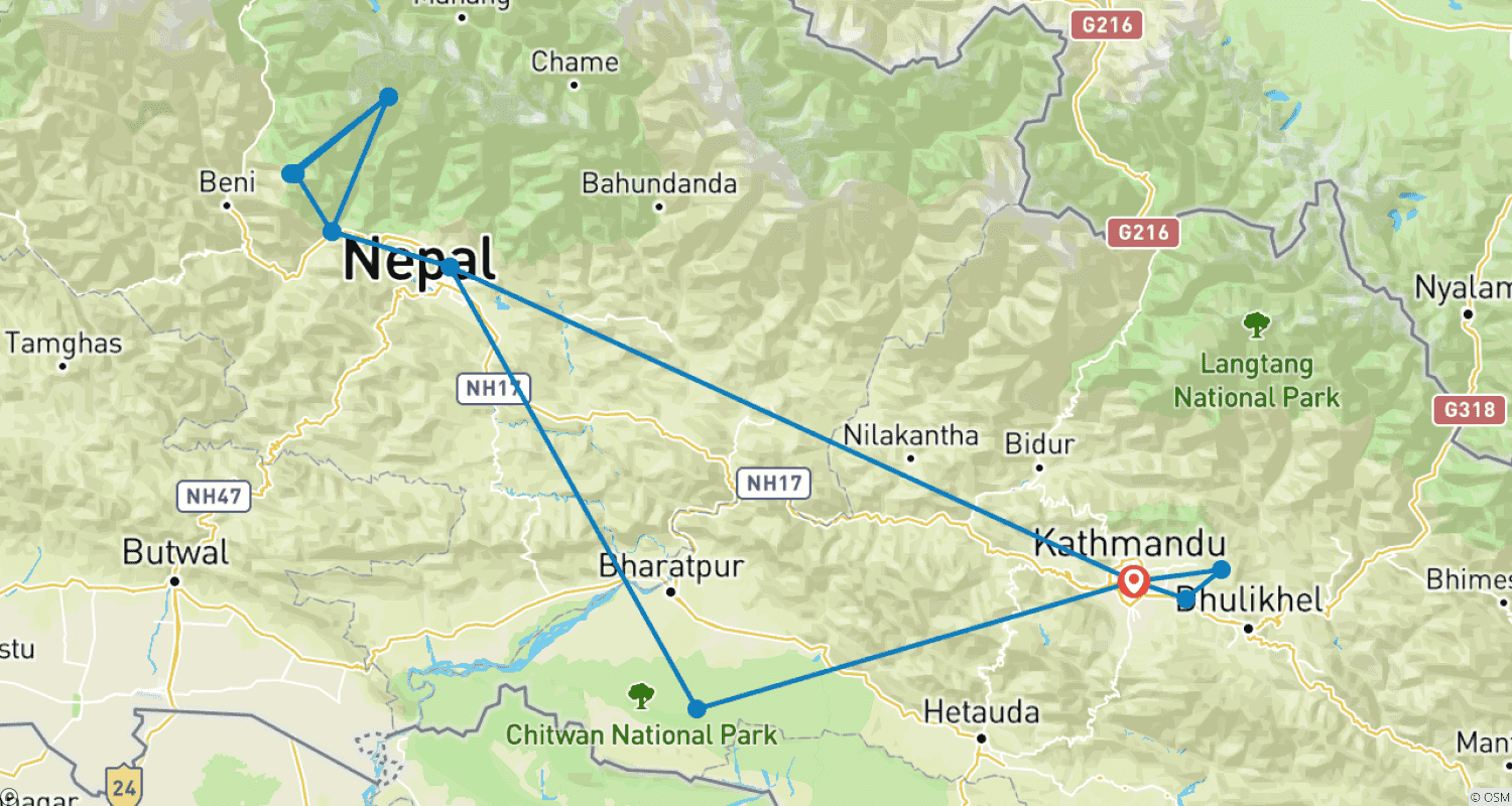 Nepal Photography Tour - 12 daysのルートマップ