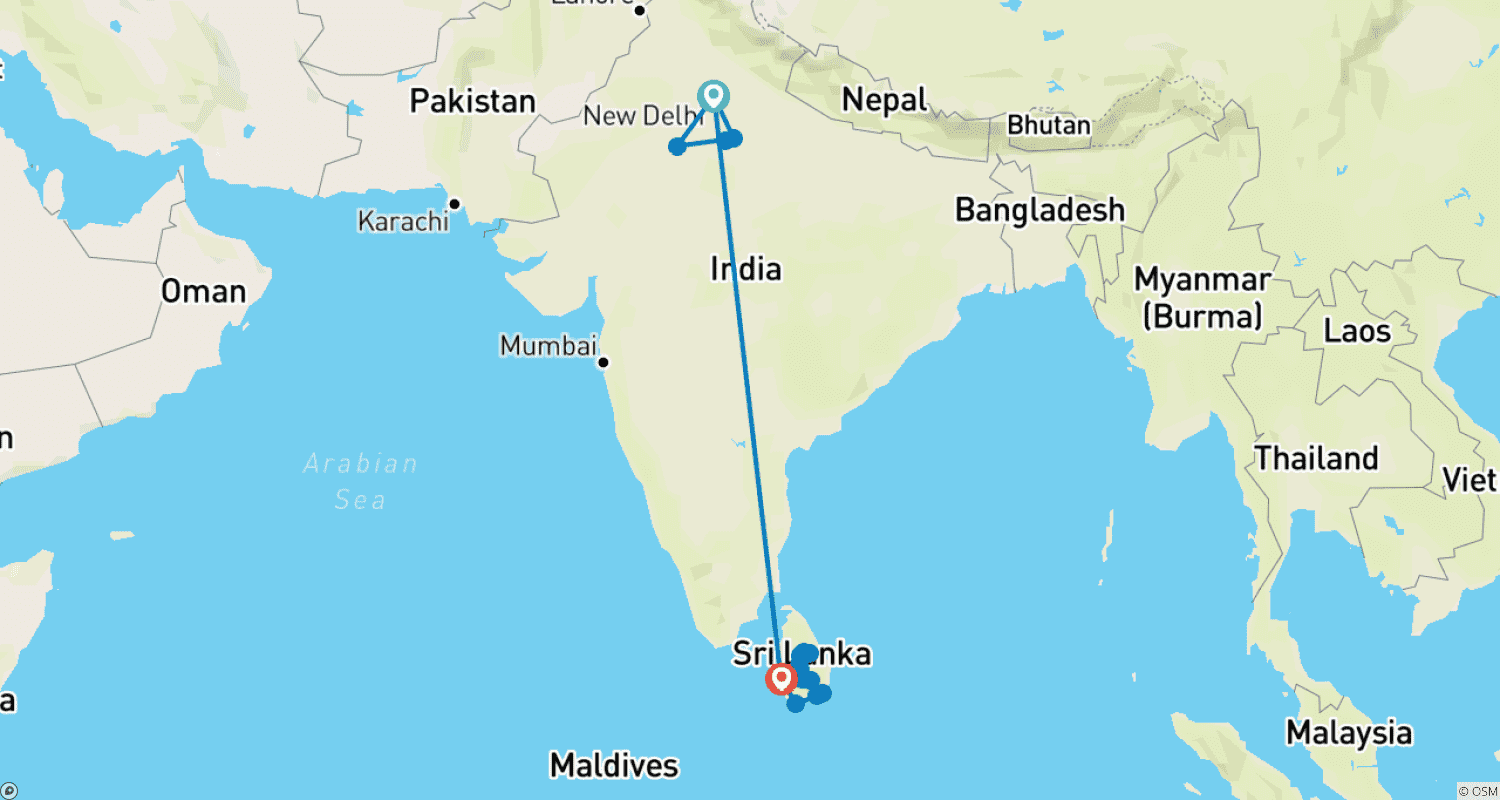 Mapa do percurso de O Melhor da Índia e Sri Lanka com relaxamento na praia