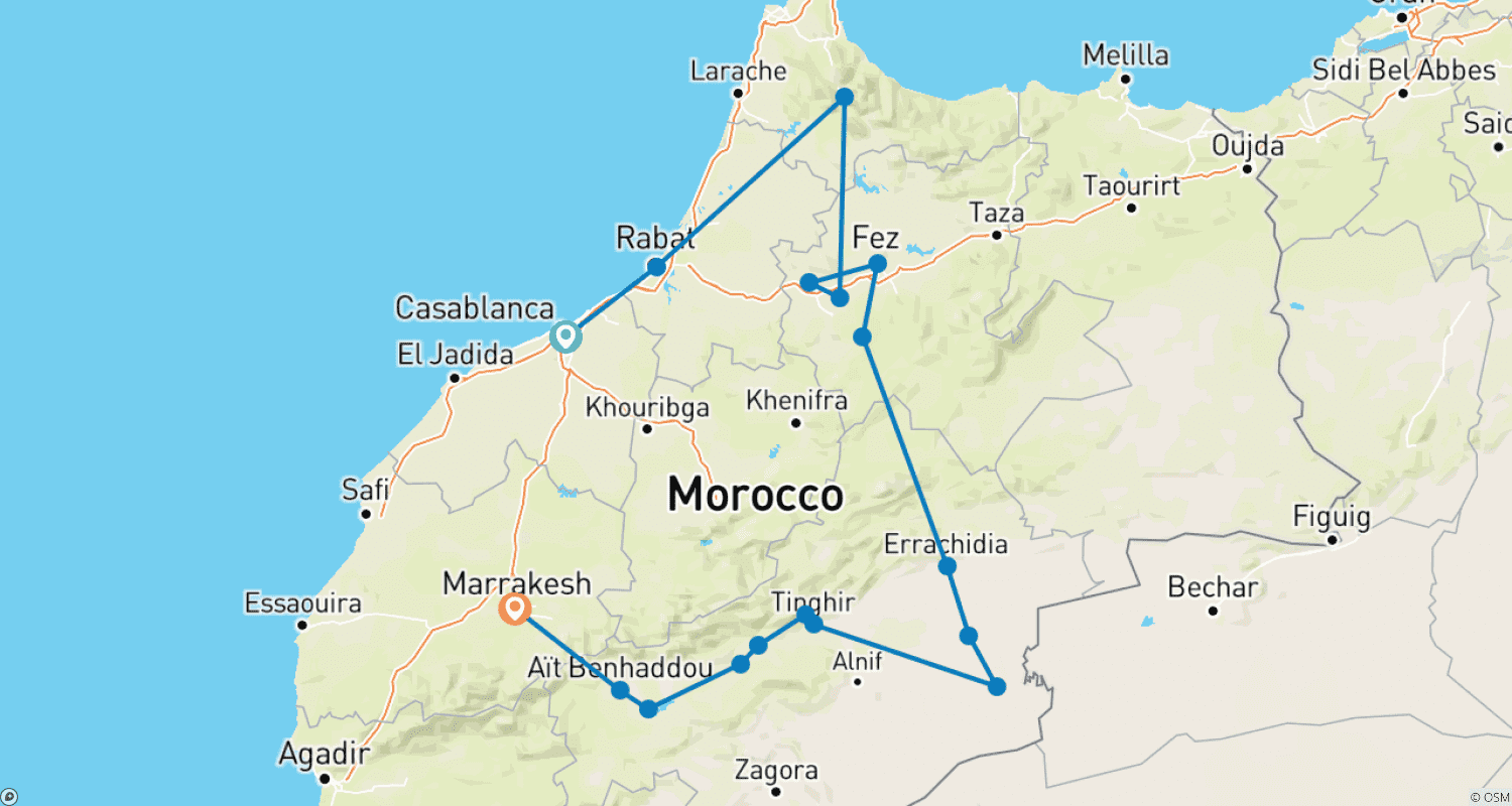 خريطة مسار 10 أيام من الدار البيضاء (جولة المغرب الخاصة)