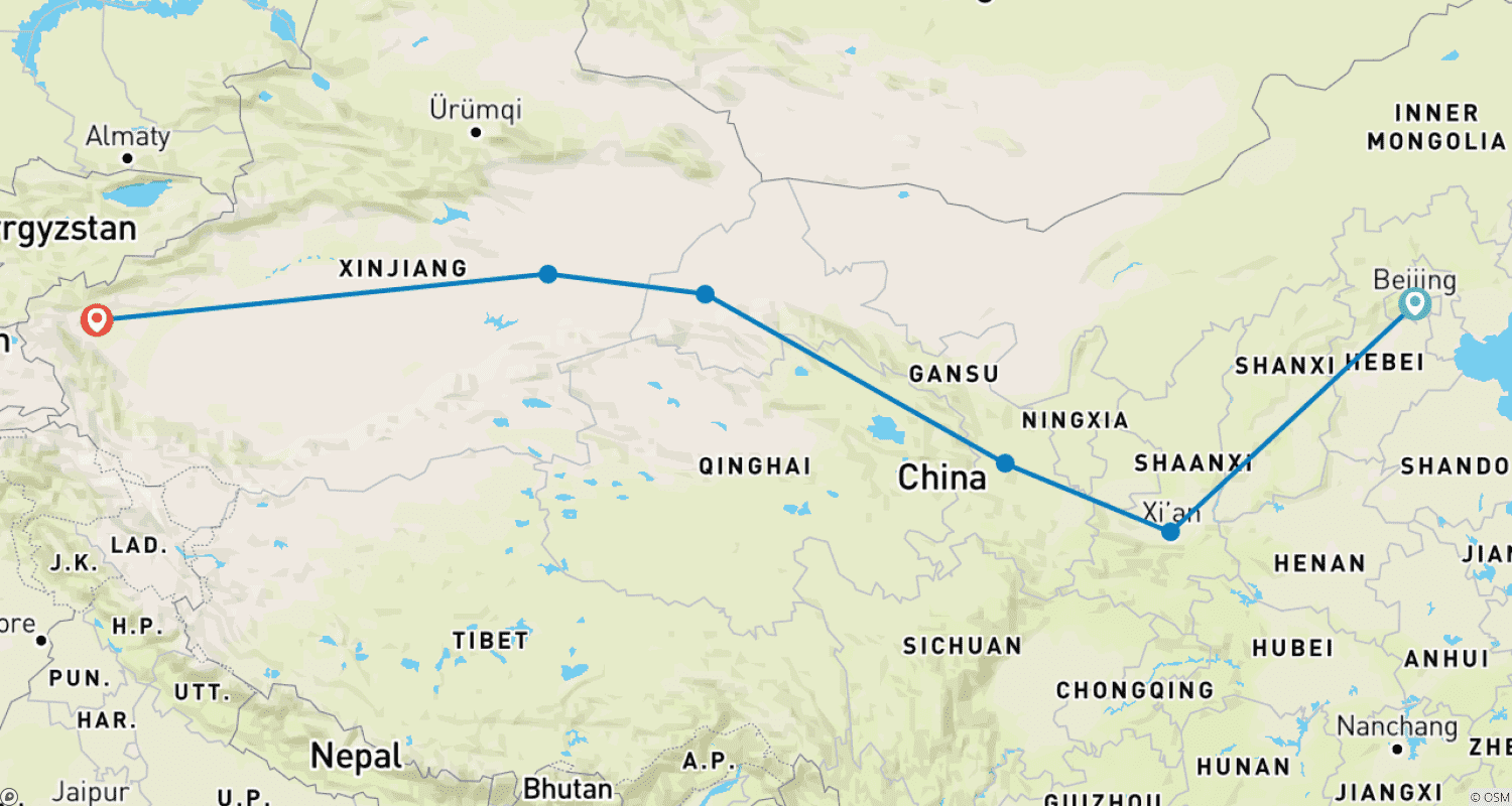 Mapa do percurso de Viagem Econômica pela Rota da Seda de Trem: Pequim, Xian, Lanzhou, Labrang, Dunhuang, Turpan, Kashgar