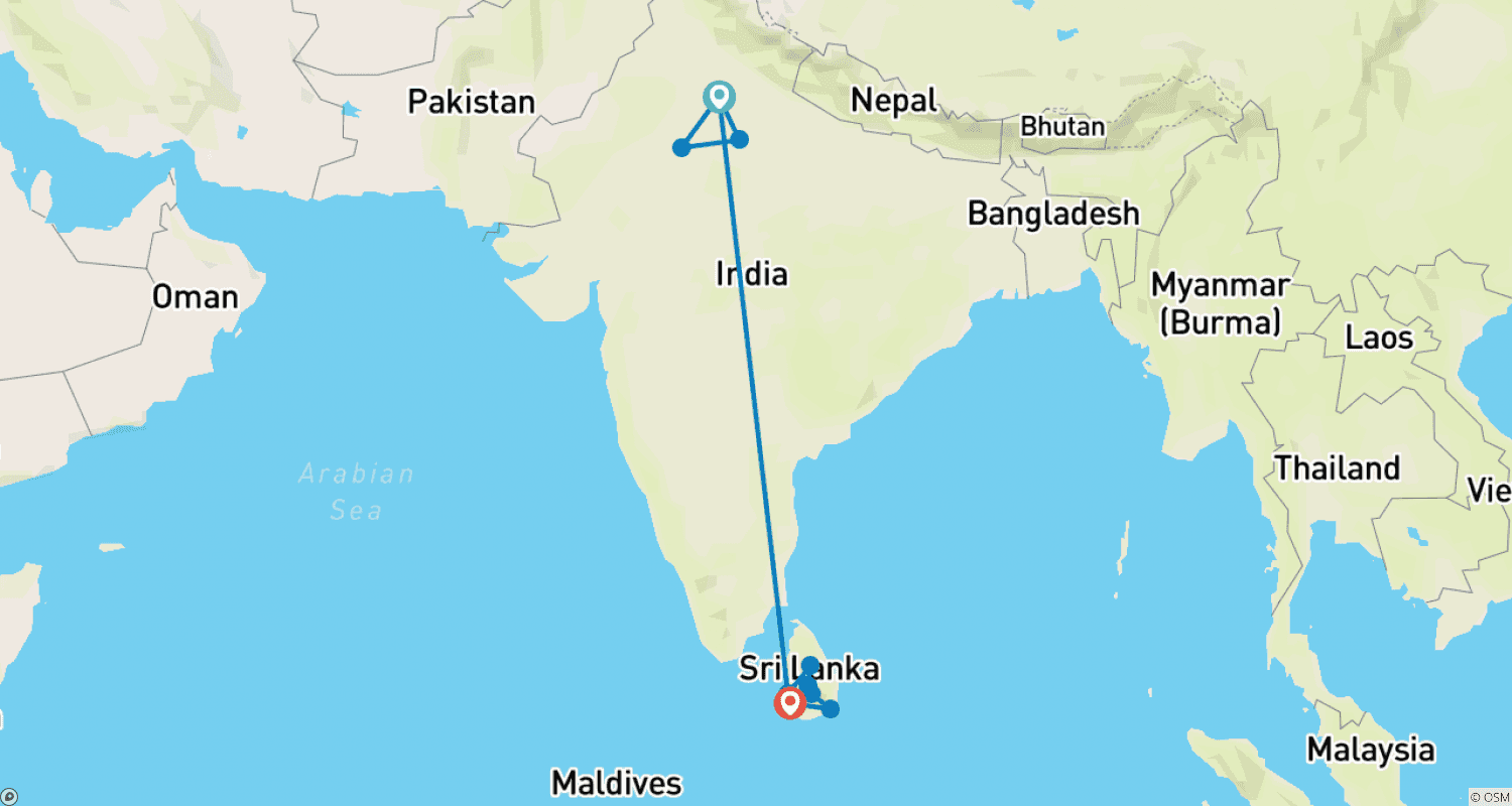 Mapa trasy: Niesamowite Indie i Sri Lanka — wycieczka 13-dniowa