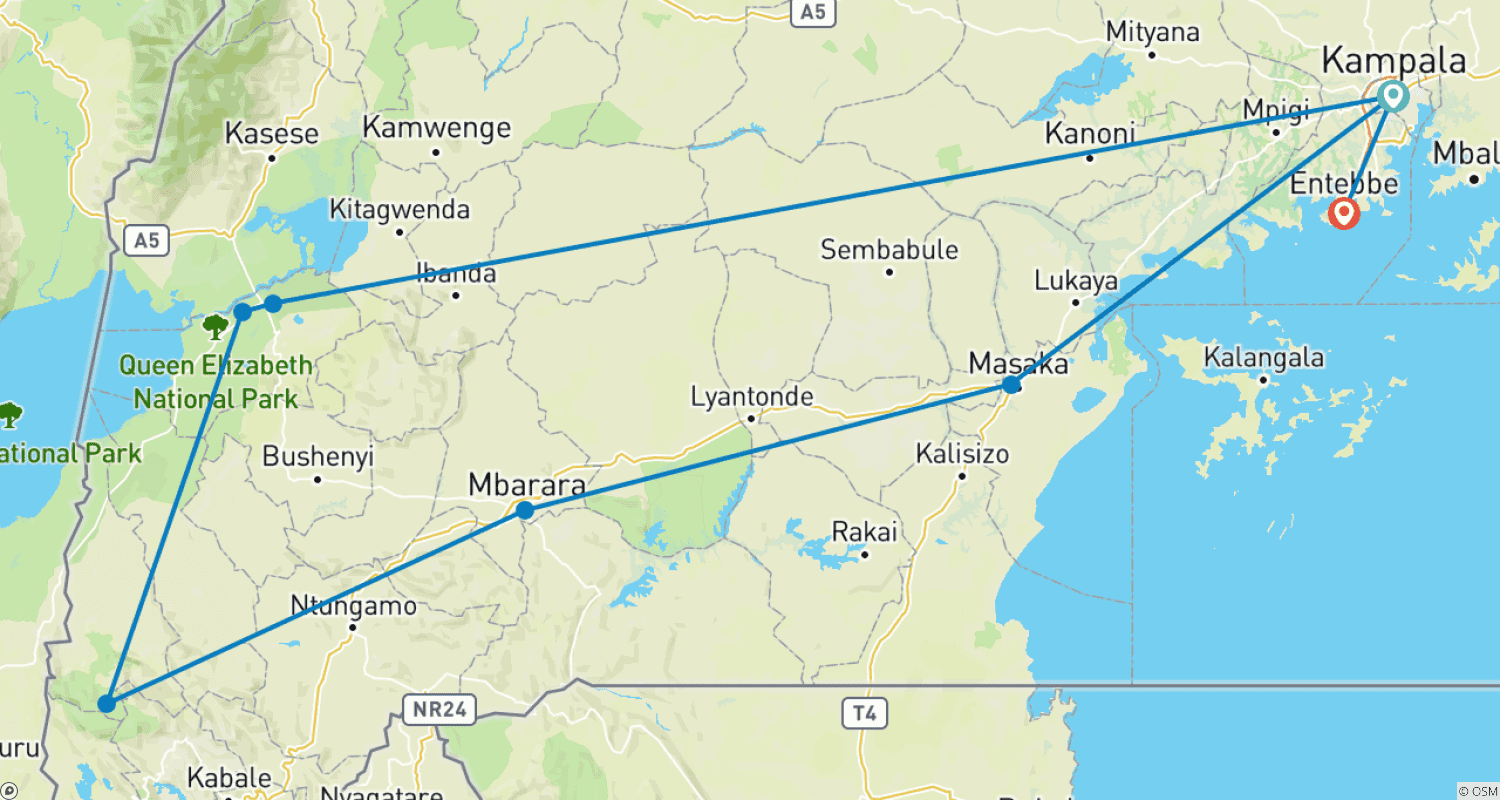 Mapa do percurso de Safari de 4 Dias: Rastreamento de Gorilas em Bwindi e Queen Elizabeth