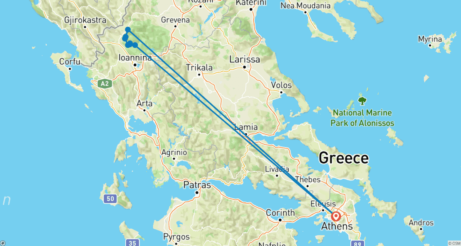 Mapa do percurso de Parque Nacional Vikos - Aoos. Descubra as montanhas e aldeias do Norte da Grécia