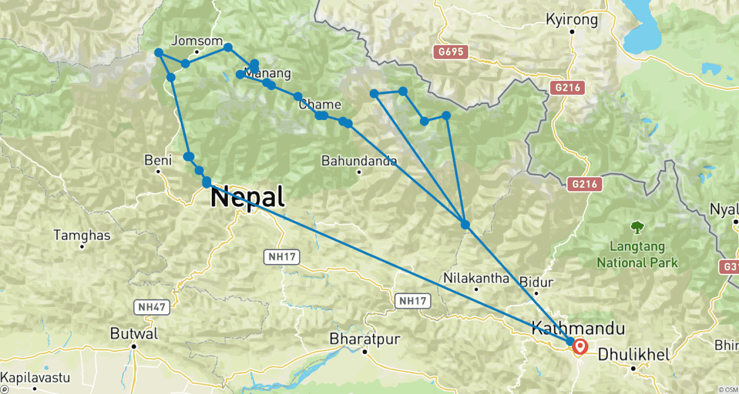 Mapa do percurso de Manaslu and Annapurna Circuit Trekking