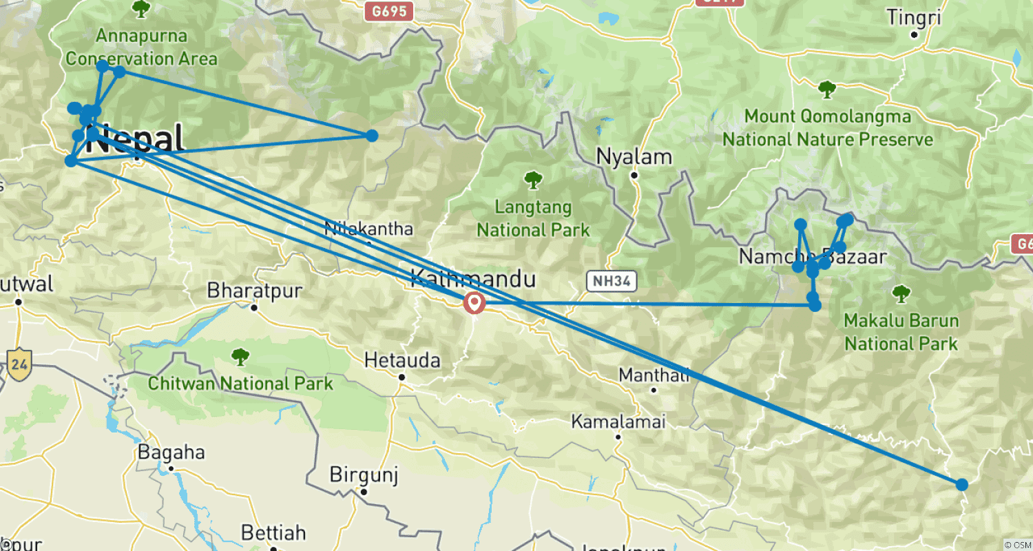 Mapa do percurso de Caminhada ao Acampamento Base do Everest e Annapurna