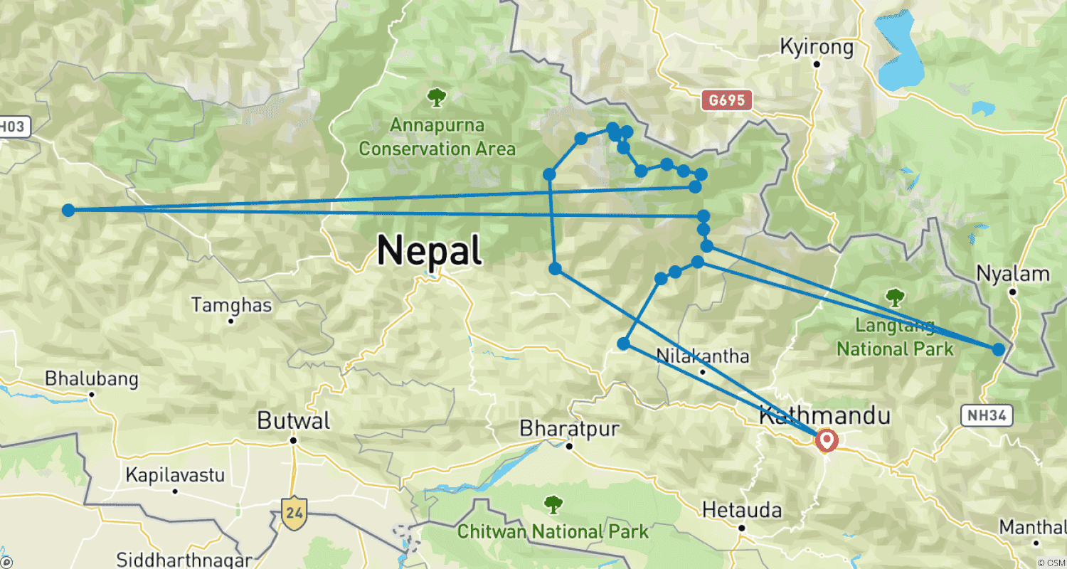 Mapa trasy: Manaslu Circuit Trek