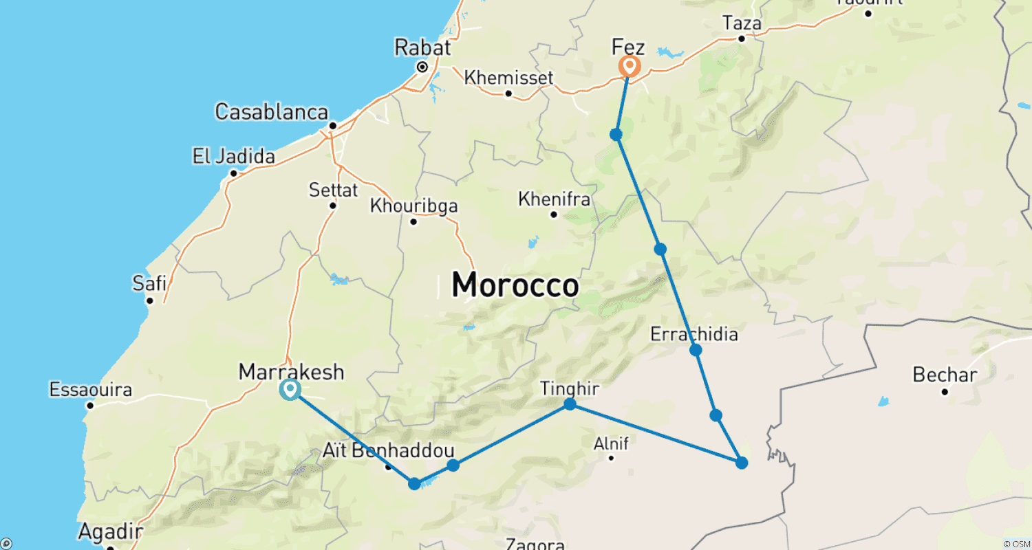 Mapa do percurso de Viagem de 6 Dias de Marrakech a Fez Pelo Deserto