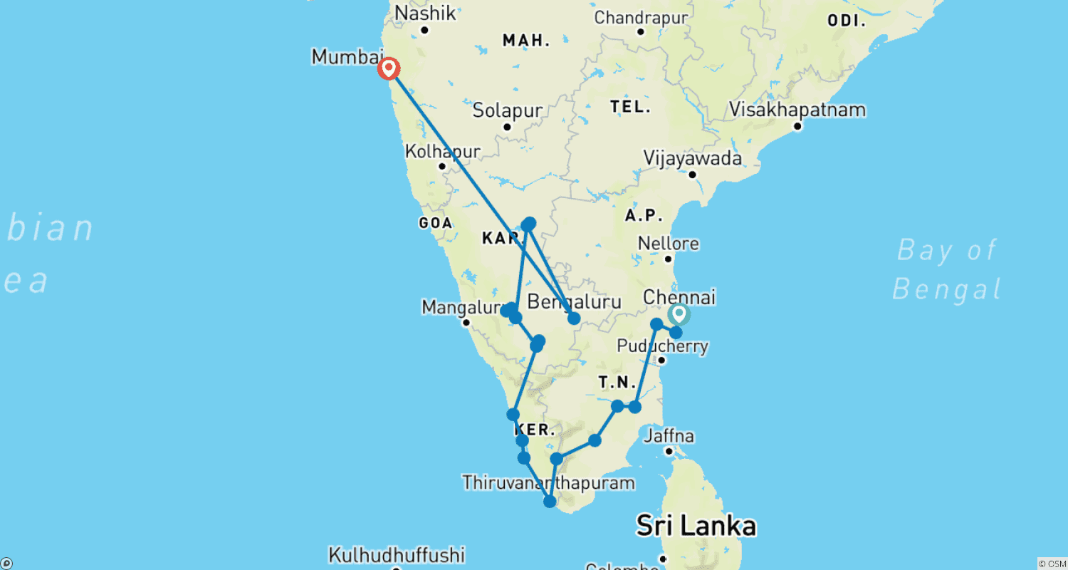 Mapa trasy: 20-dniowa Magiczna Wycieczka po Południowych Indiach z Chennai (All Inclusive)