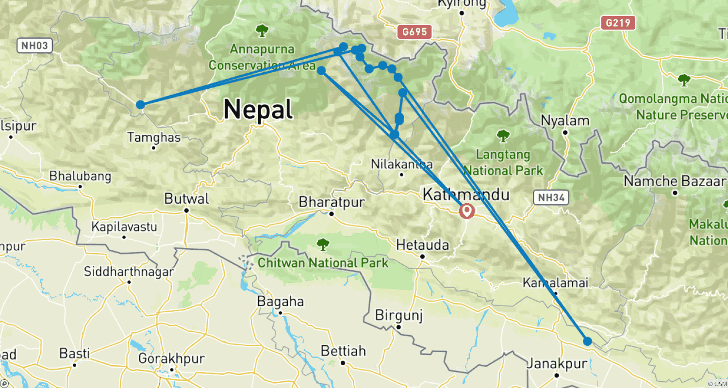 خريطة مسار رحلة Manaslu Circuit القصيرة