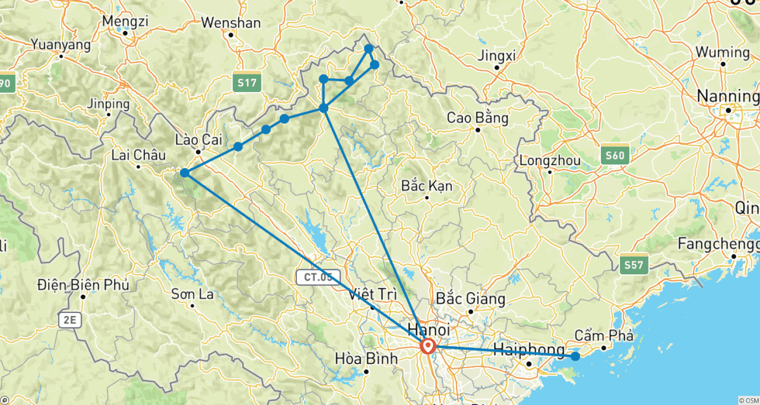 Mapa do percurso de Explore o Norte do Vietnã em 12 Dias e 11 Noites