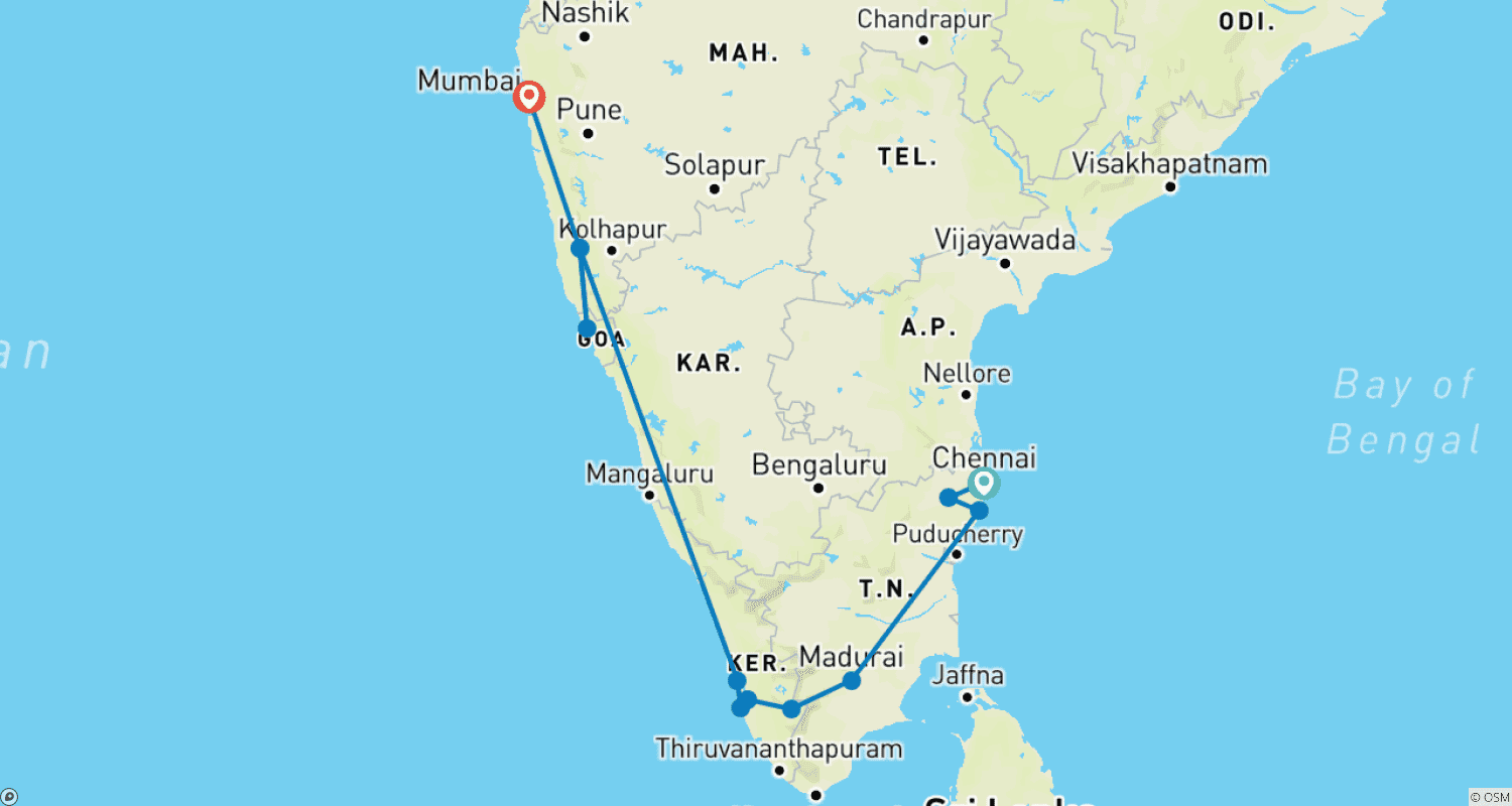Mapa do percurso de Excursão de 10 Dias pelo Sul da Índia com Goa saindo de Chennai (TUDO INCLUÍDO)