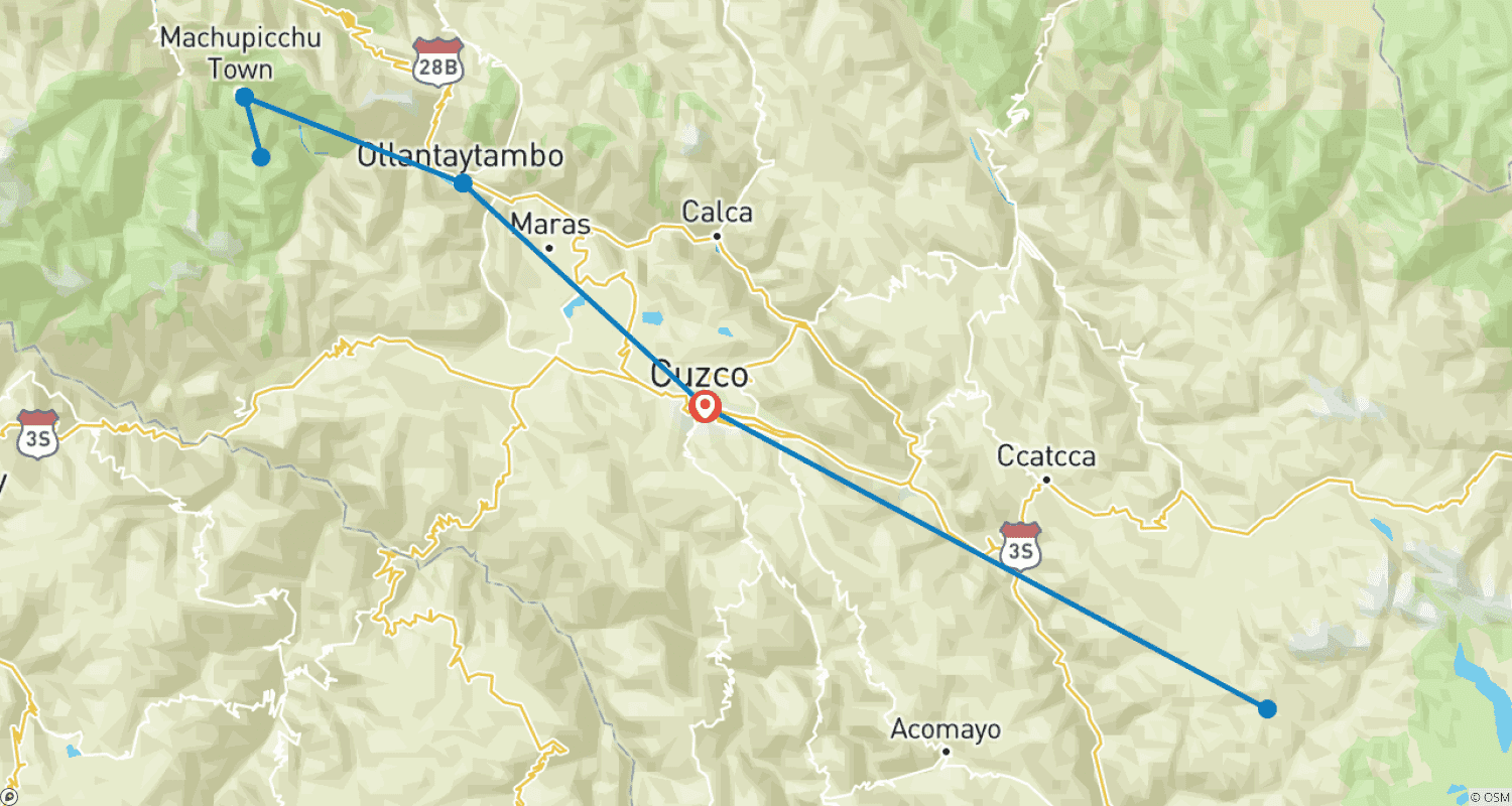 Mapa do percurso de 4 dias Cusco, Machu Picchu e Montanha Arco-Íris
