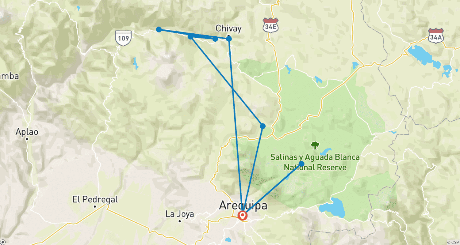 خريطة مسار 5 أيام Arequipa & Colca Canyon & حجر السيلار & بحيرة ساليناس المالحة