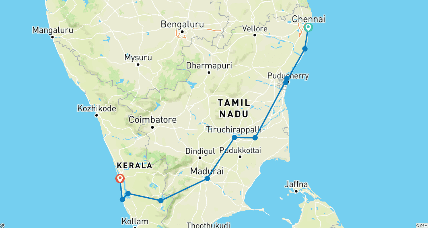 خريطة مسار جولة ساحرة لمدة 11 يومًا في Tamilnadu و Kerala من Chennai (شاملة كليًا)