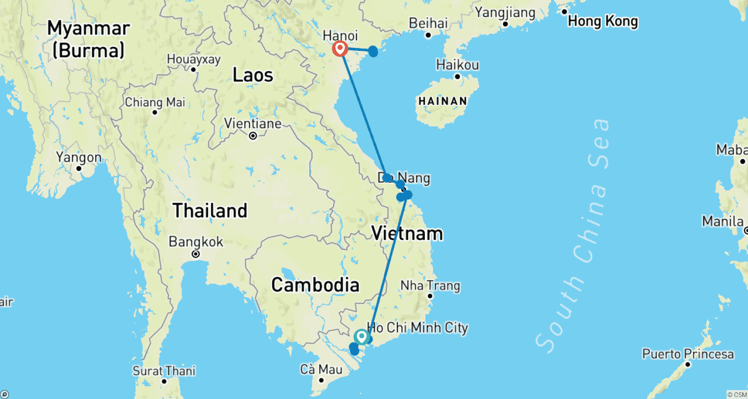 Mapa do percurso de Vietnã em Destaque: 10 Dias e 9 Noites (Cidade de Ho Chi Minh, Da Nang, Hoi An, Hue, Hanói, Baía de Ha Long)