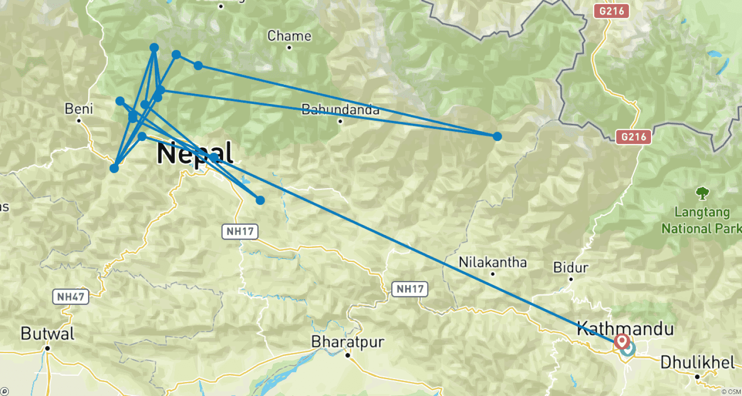 Mapa do percurso de Caminhada de 12 Dias ao Acampamento Base Annapurna com Poonhill