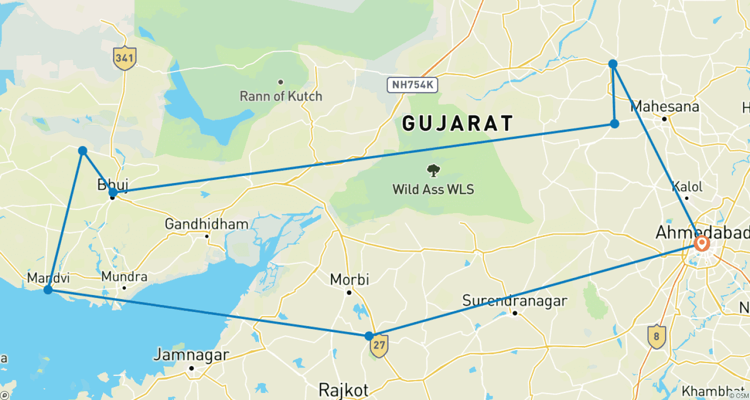 Mapa do percurso de Trilhas do Patrimônio de Gujarat: Artesanato, Cultura e História